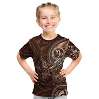 Personalised Polynesia Zodiac Capricorn Kid T Shirt Galaxy Polynesian Pattern Chest Tattoo Style LT14 Brown - Polynesian Pride