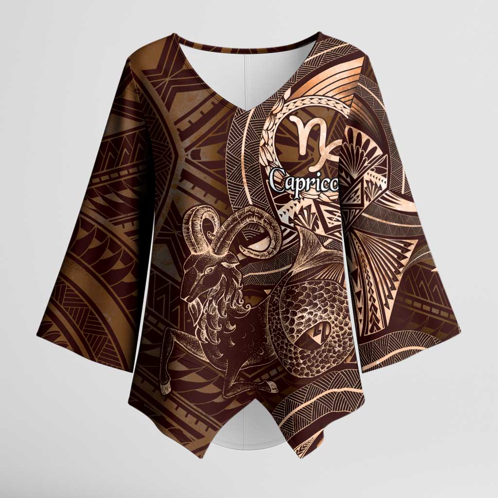 Personalised Polynesia Zodiac Capricorn Kimono Sleeve Blouse Galaxy Polynesian Pattern Chest Tattoo Style LT14 Female Brown - Polynesian Pride