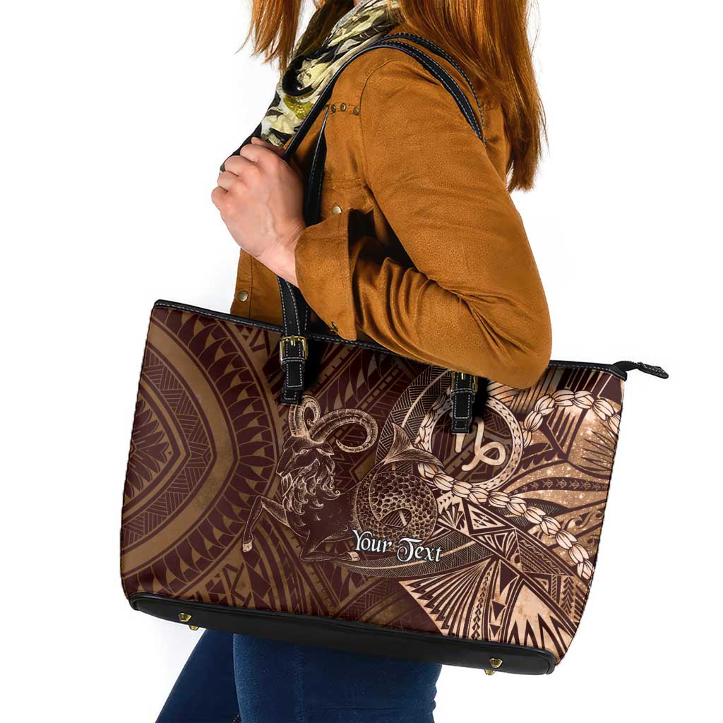 Personalised Polynesia Zodiac Capricorn Leather Tote Bag Galaxy Polynesian Pattern Chest Tattoo Style LT14 Brown - Polynesian Pride