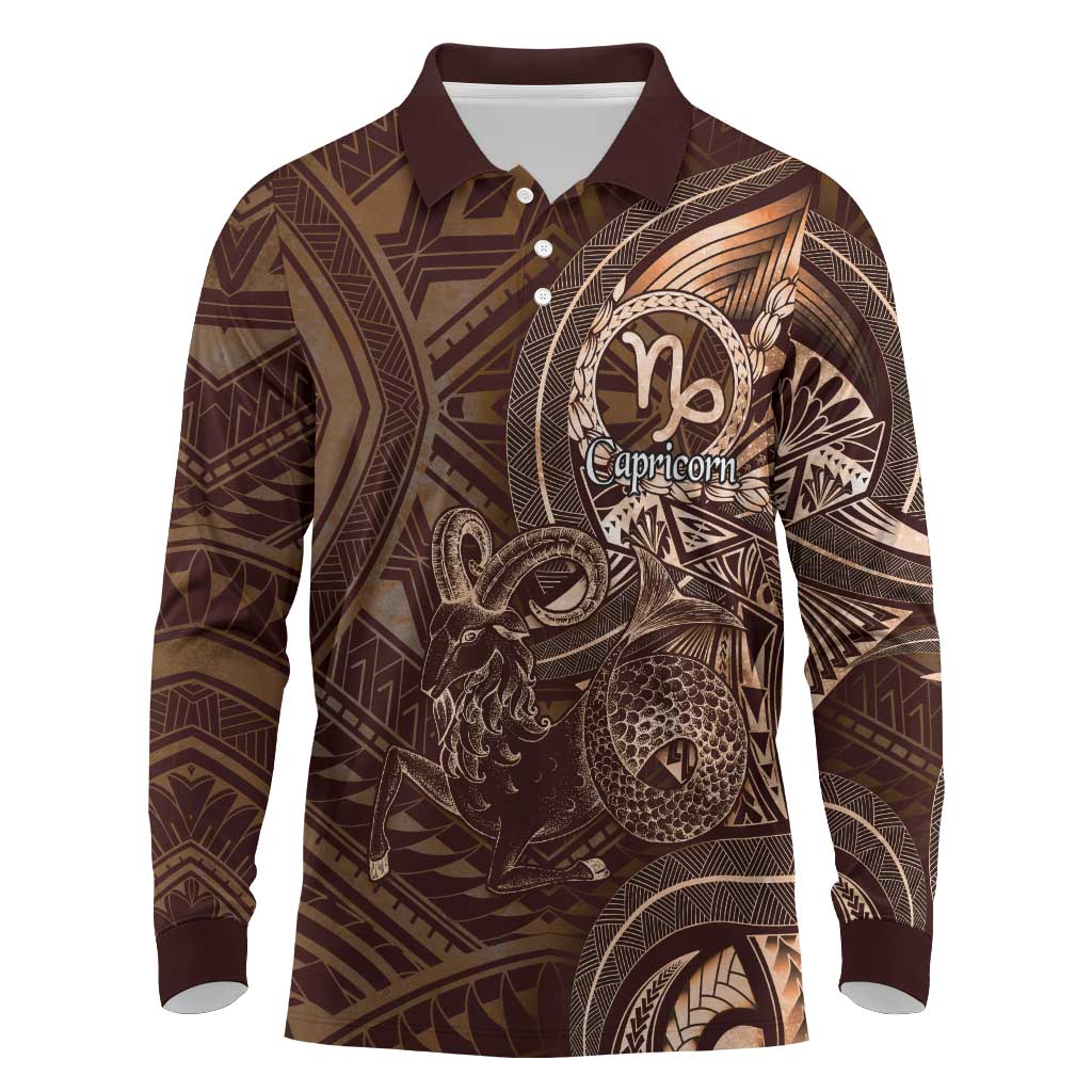 Personalised Polynesia Zodiac Capricorn Long Sleeve Polo Shirt Galaxy Polynesian Pattern Chest Tattoo Style LT14 Brown - Polynesian Pride