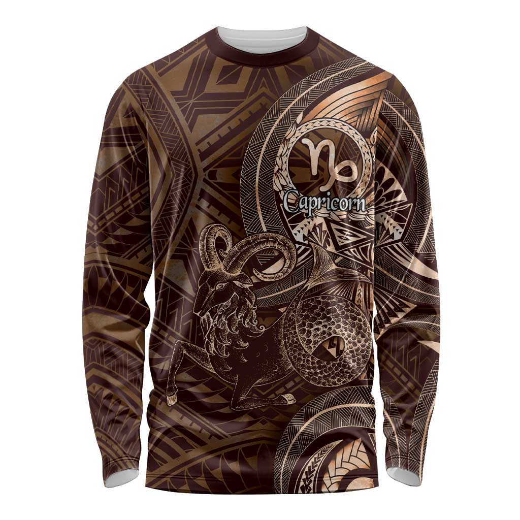 Personalised Polynesia Zodiac Capricorn Long Sleeve Shirt Galaxy Polynesian Pattern Chest Tattoo Style LT14 Unisex Brown - Polynesian Pride