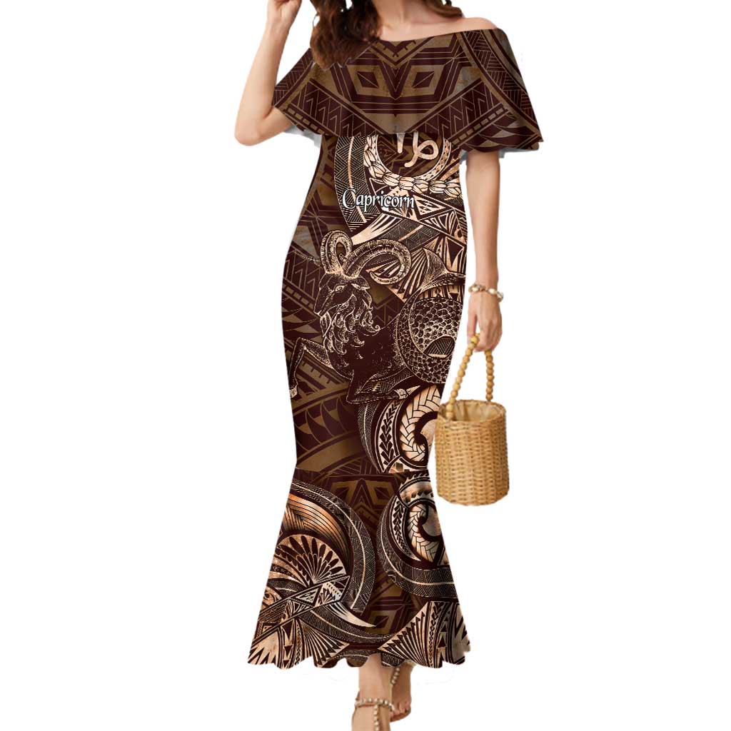 Personalised Polynesia Zodiac Capricorn Mermaid Dress Galaxy Polynesian Pattern Chest Tattoo Style LT14 Women Brown - Polynesian Pride