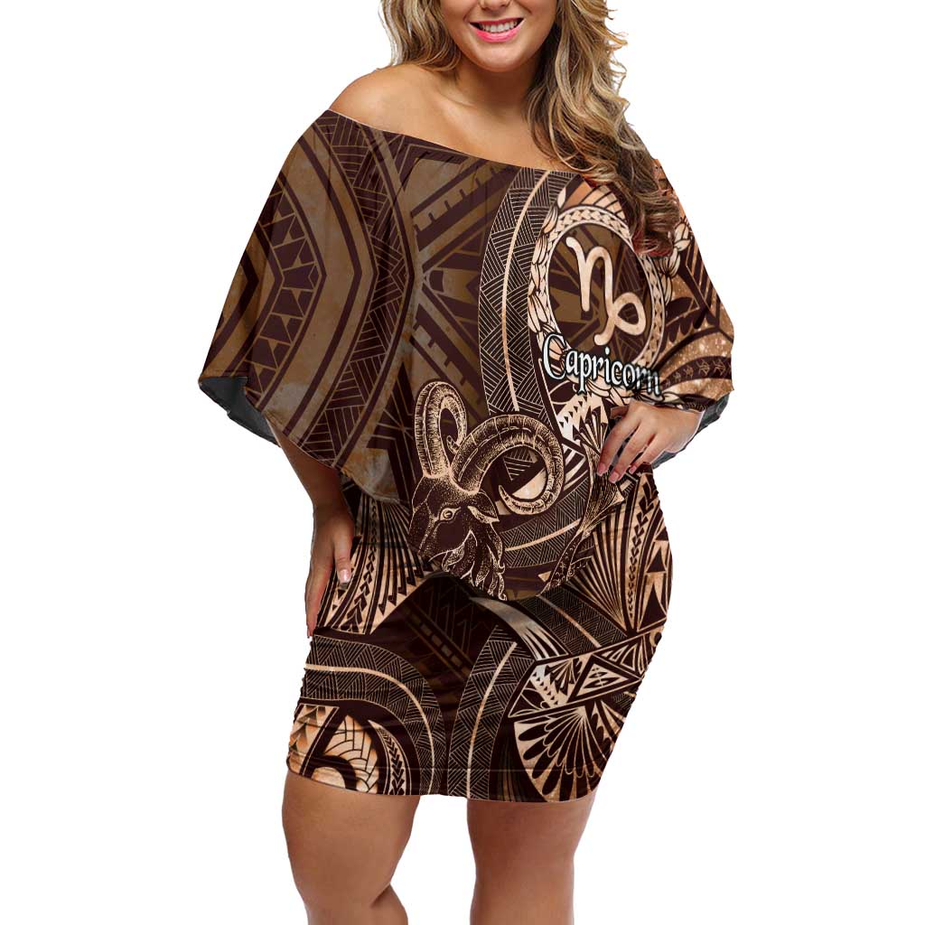 Personalised Polynesia Zodiac Capricorn Off Shoulder Short Dress Galaxy Polynesian Pattern Chest Tattoo Style