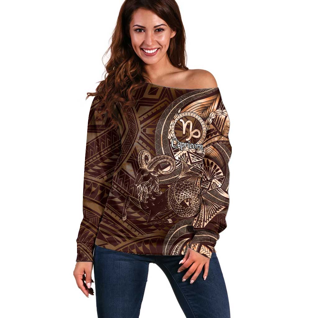 Personalised Polynesia Zodiac Capricorn Off Shoulder Sweater Galaxy Polynesian Pattern Chest Tattoo Style LT14 Women Brown - Polynesian Pride