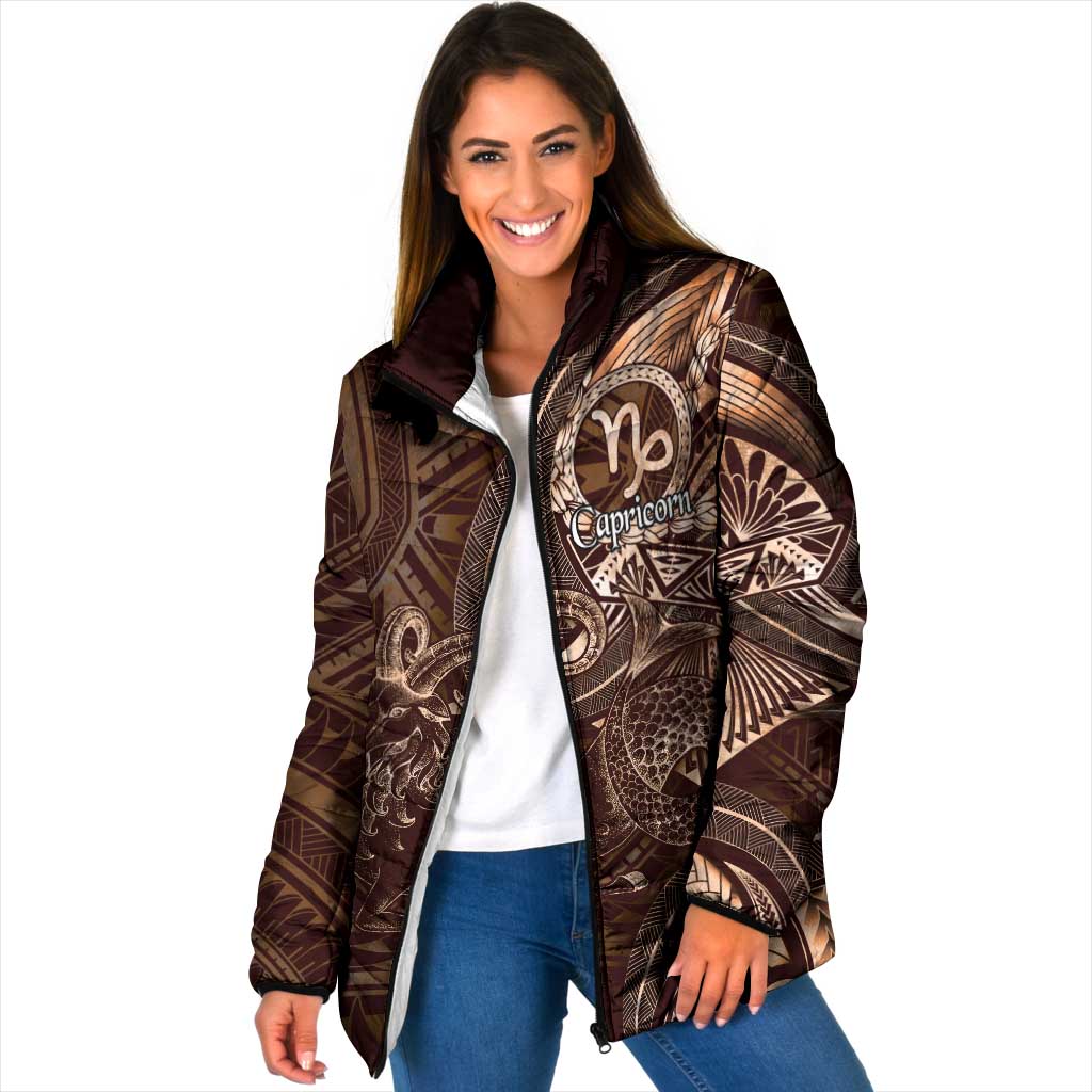 Personalised Polynesia Zodiac Capricorn Padded Jacket Galaxy Polynesian Pattern Chest Tattoo Style LT14 Women Brown - Polynesian Pride