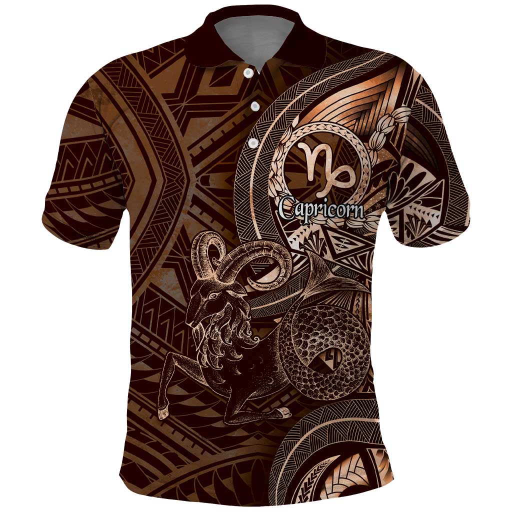 Personalised Polynesia Zodiac Capricorn Polo Shirt Galaxy Polynesian Pattern Chest Tattoo Style LT14 Brown - Polynesian Pride