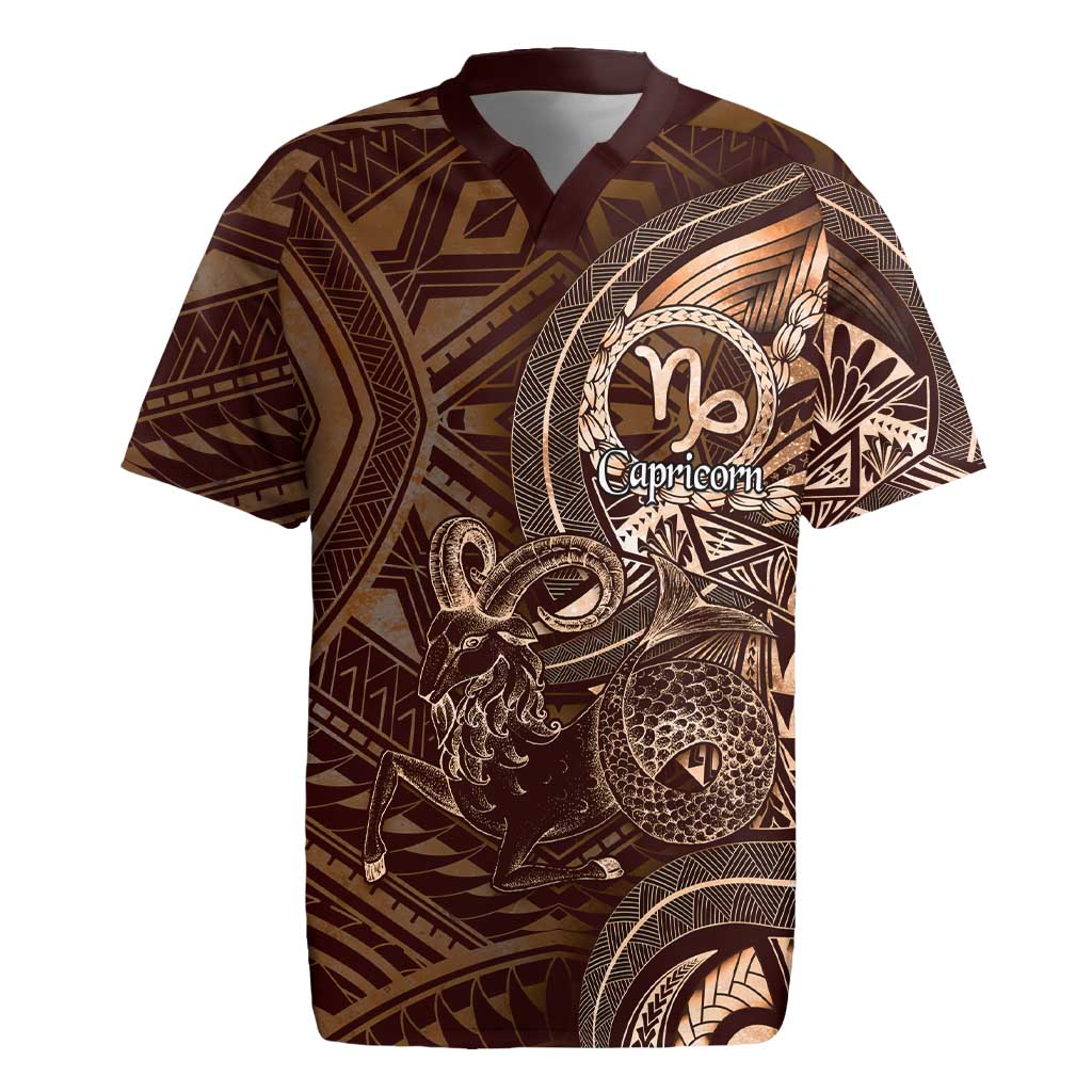 Personalised Polynesia Zodiac Capricorn Rugby Jersey Galaxy Polynesian Pattern Chest Tattoo Style LT14 Brown - Polynesian Pride