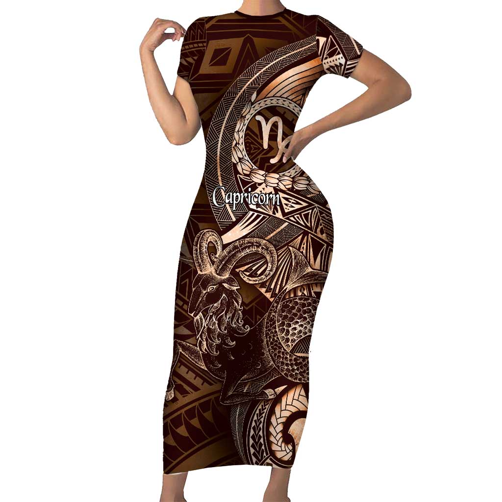 Personalised Polynesia Zodiac Capricorn Short Sleeve Bodycon Dress Galaxy Polynesian Pattern Chest Tattoo Style LT14 Long Dress Brown - Polynesian Pride