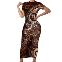 Personalised Polynesia Zodiac Capricorn Short Sleeve Bodycon Dress Galaxy Polynesian Pattern Chest Tattoo Style LT14 Long Dress Brown - Polynesian Pride