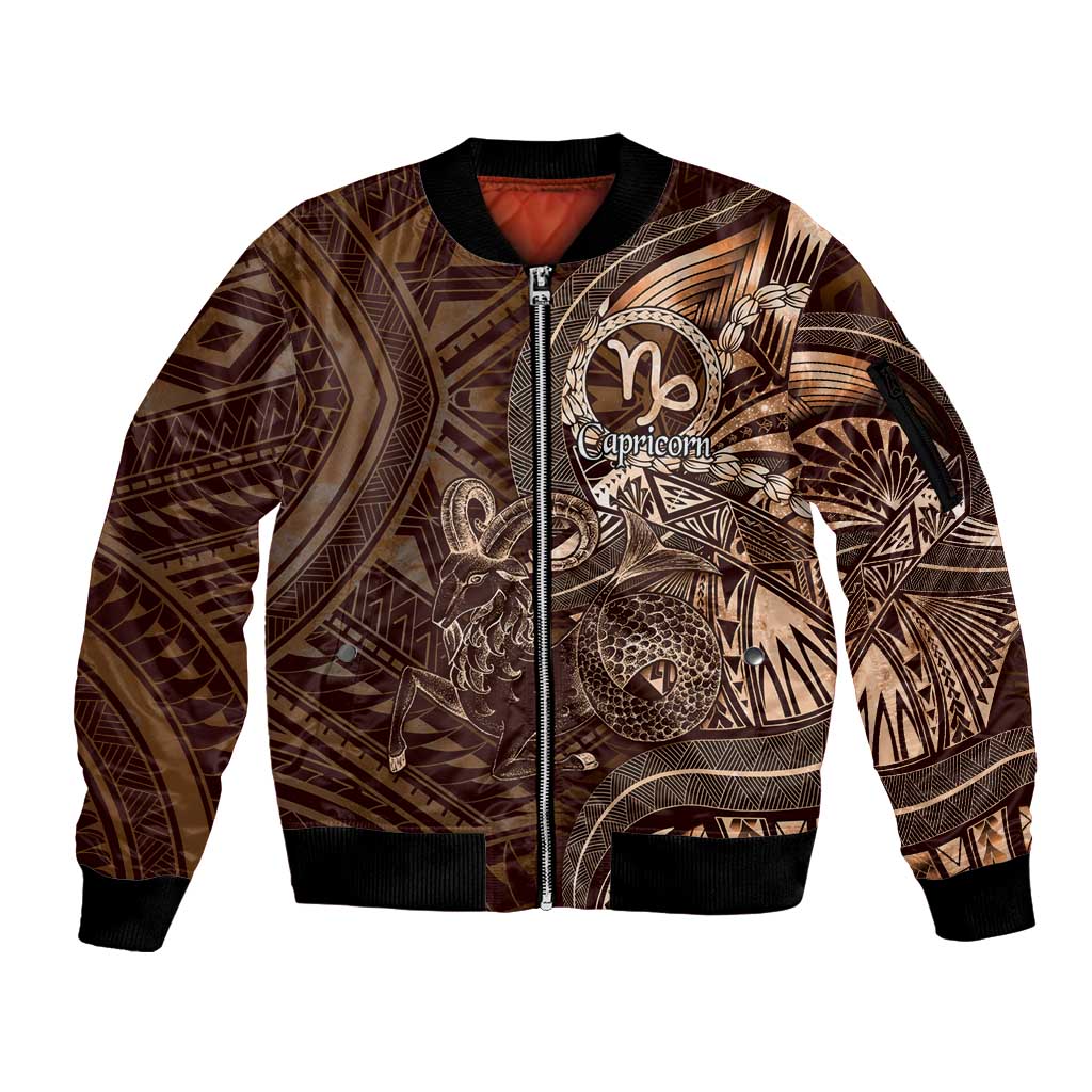 Personalised Polynesia Zodiac Capricorn Sleeve Zip Bomber Jacket Galaxy Polynesian Pattern Chest Tattoo Style LT14 Unisex Brown - Polynesian Pride