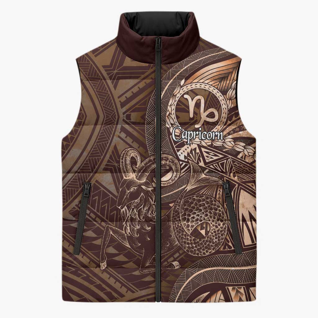 Personalised Polynesia Zodiac Capricorn Sleeveless Puffer Jacket Galaxy Polynesian Pattern Chest Tattoo Style LT14 Unisex Brown - Polynesian Pride