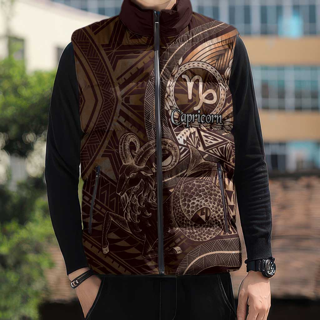 Personalised Polynesia Zodiac Capricorn Sleeveless Puffer Jacket Galaxy Polynesian Pattern Chest Tattoo Style LT14 - Polynesian Pride