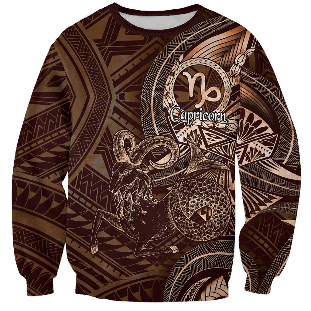 Personalised Polynesia Zodiac Capricorn Sweatshirt Galaxy Polynesian Pattern Chest Tattoo Style LT14 Unisex Brown - Polynesian Pride