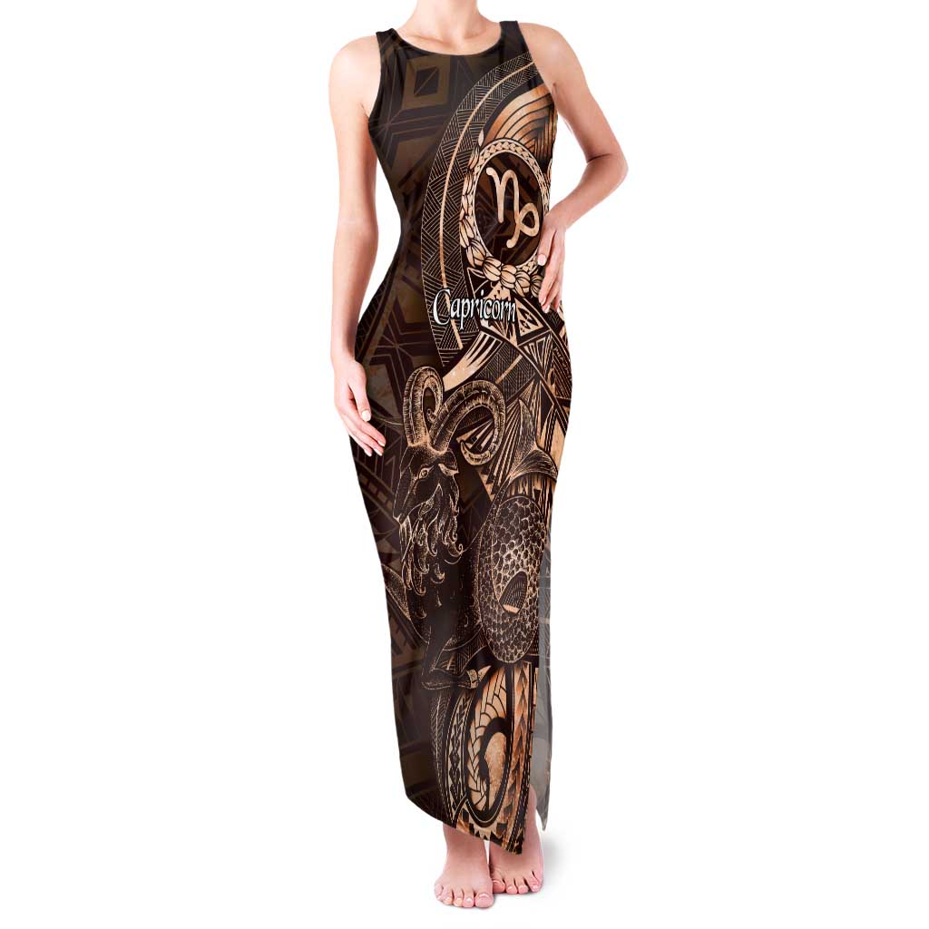 Personalised Polynesia Zodiac Capricorn Tank Maxi Dress Galaxy Polynesian Pattern Chest Tattoo Style LT14 Women Brown - Polynesian Pride