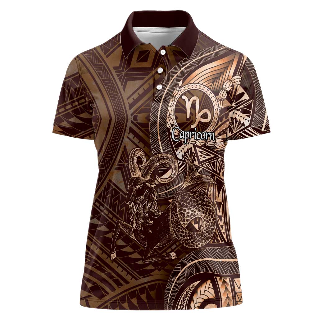 Personalised Polynesia Zodiac Capricorn Women Polo Shirt Galaxy Polynesian Pattern Chest Tattoo Style LT14 Female Brown - Polynesian Pride