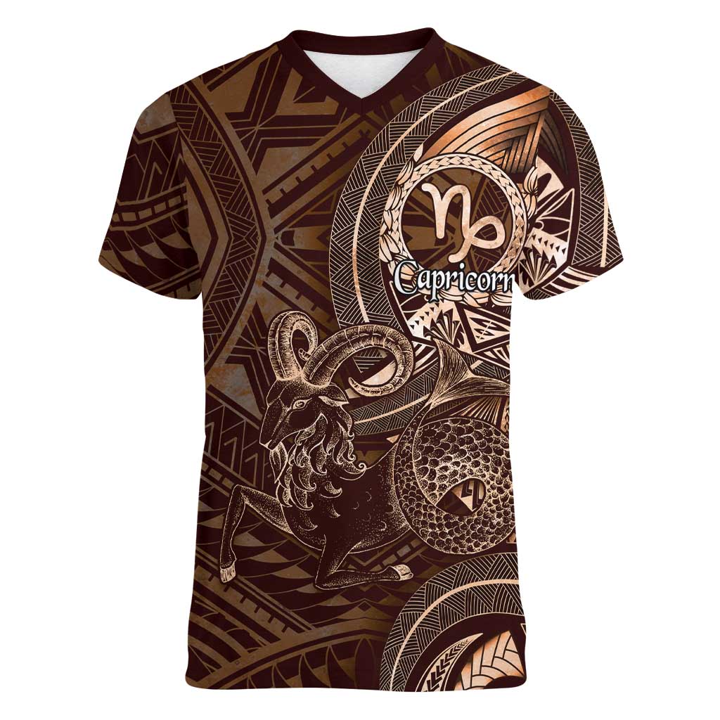 Personalised Polynesia Zodiac Capricorn Women V-Neck T-Shirt Galaxy Polynesian Pattern Chest Tattoo Style LT14 Female Brown - Polynesian Pride