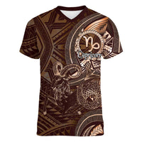 Personalised Polynesia Zodiac Capricorn Women V-Neck T-Shirt Galaxy Polynesian Pattern Chest Tattoo Style LT14 Female Brown - Polynesian Pride