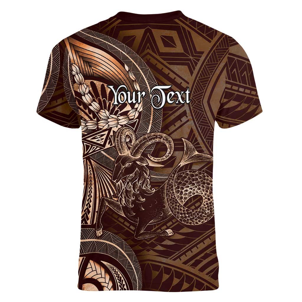 Personalised Polynesia Zodiac Capricorn Women V-Neck T-Shirt Galaxy Polynesian Pattern Chest Tattoo Style LT14 - Polynesian Pride