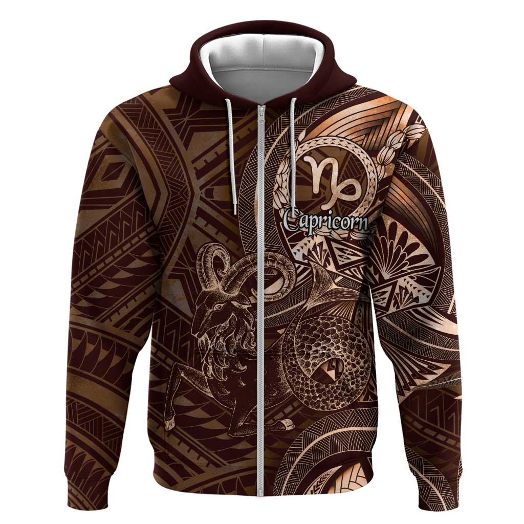 Personalised Polynesia Zodiac Capricorn Zip Hoodie Galaxy Polynesian Pattern Chest Tattoo Style LT14 Zip Hoodie Brown - Polynesian Pride