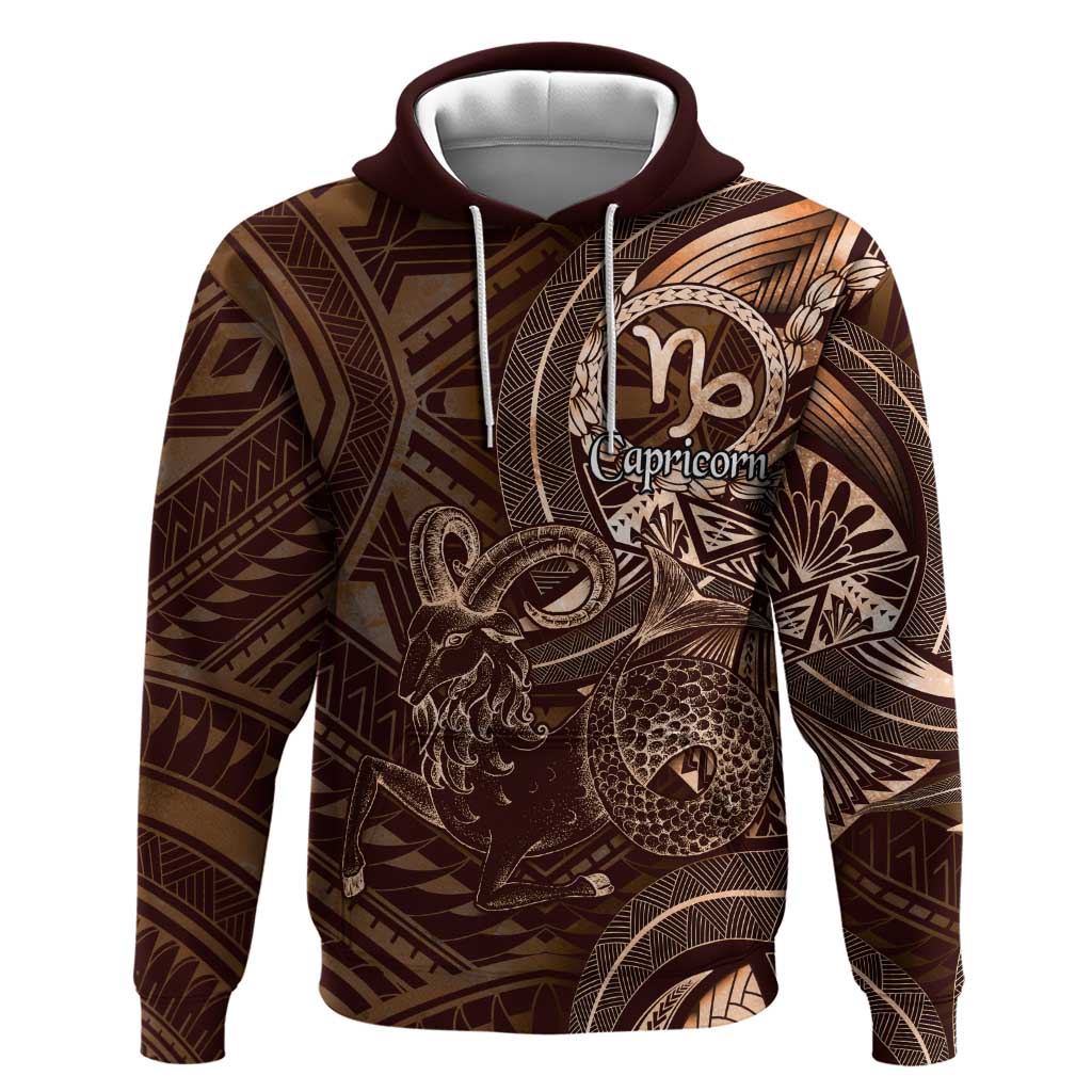 Personalised Polynesia Zodiac Capricorn Zip Hoodie Galaxy Polynesian Pattern Chest Tattoo Style LT14 Pullover Hoodie Brown - Polynesian Pride