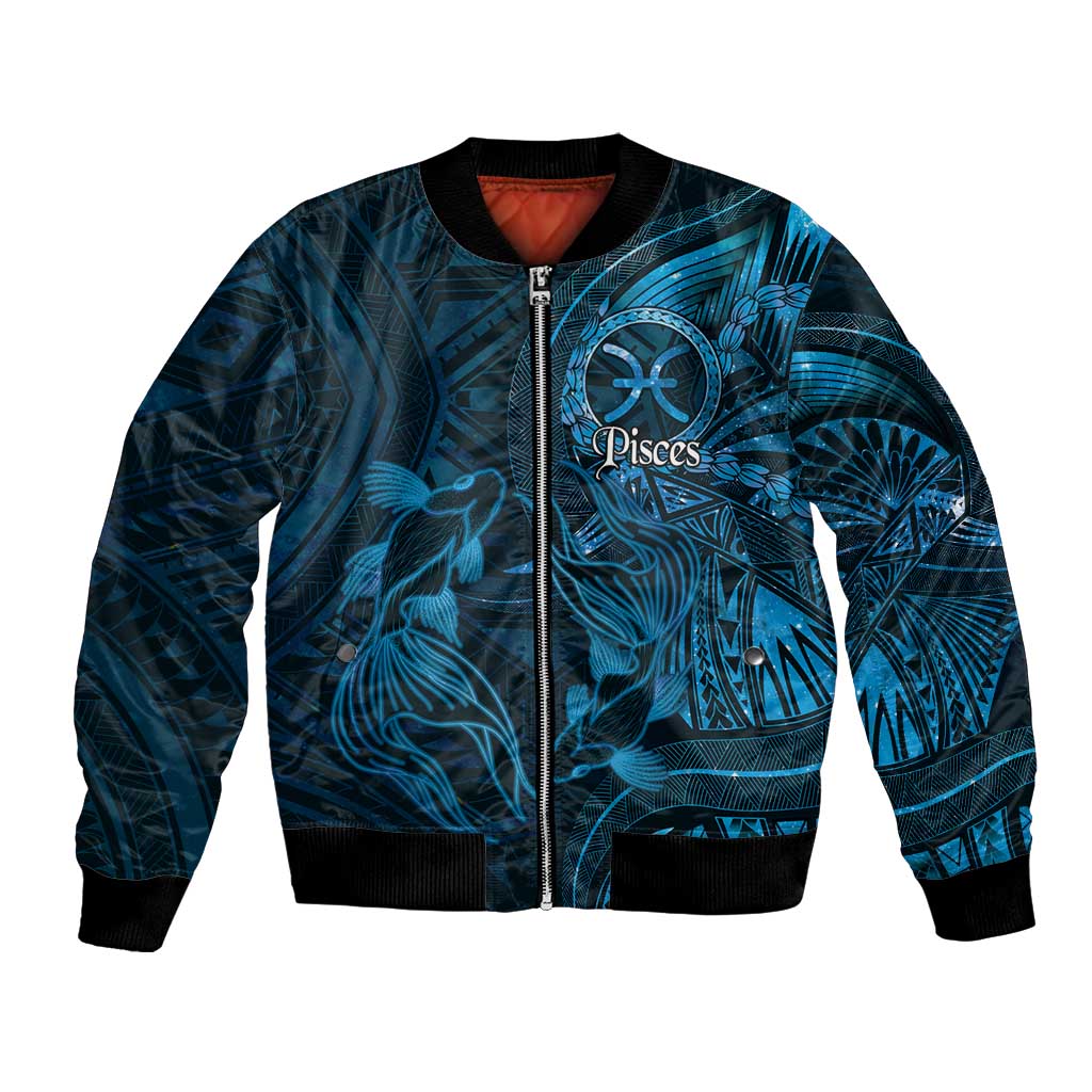 Personalised Polynesia Zodiac Pisces Bomber Jacket Galaxy Polynesian Pattern Chest Tattoo Style LT14 Unisex Blue - Polynesian Pride