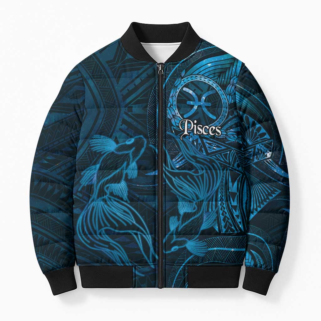 Personalised Polynesia Zodiac Pisces Bomber Puffer Jacket Galaxy Polynesian Pattern Chest Tattoo Style LT14 Unisex Blue - Polynesian Pride