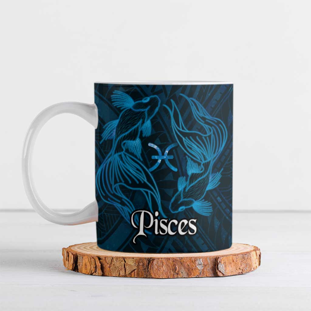 Personalised Polynesia Zodiac Pisces Ceramic Mug Galaxy Polynesian Pattern Chest Tattoo Style LT14 Blue - Polynesian Pride