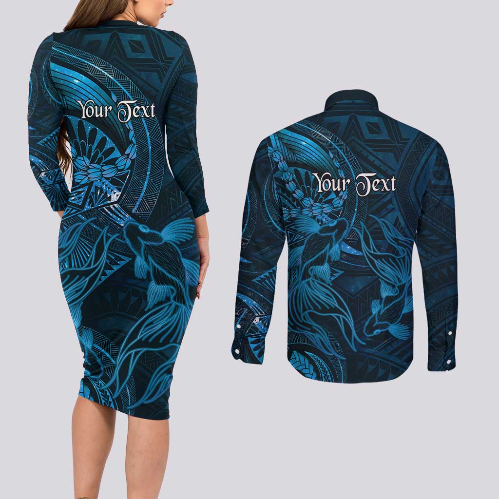 Personalised Polynesia Zodiac Pisces Couples Matching Long Sleeve Bodycon Dress and Long Sleeve Button Shirt Galaxy Polynesian Pattern Chest Tattoo Style LT14 - Polynesian Pride