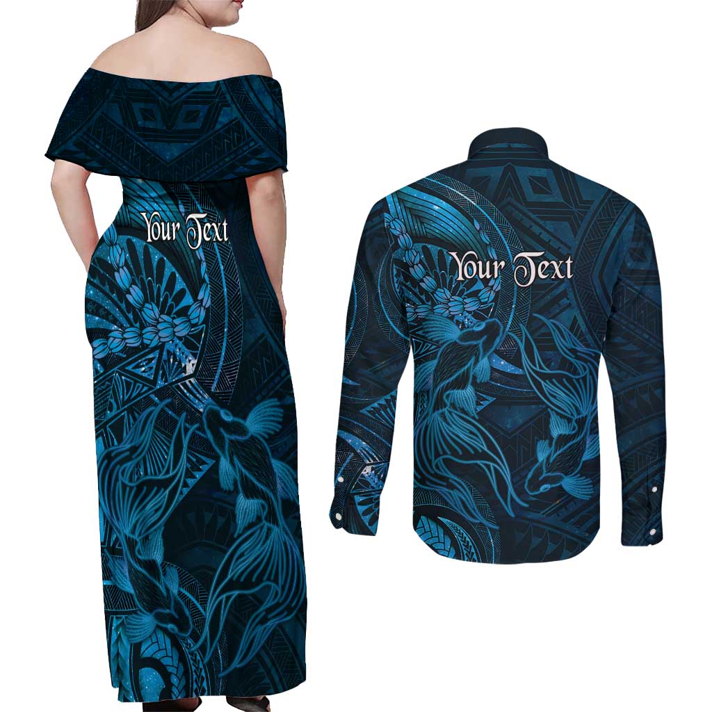 Personalised Polynesia Zodiac Pisces Couples Matching Off Shoulder Maxi Dress and Long Sleeve Button Shirt Galaxy Polynesian Pattern Chest Tattoo Style LT14 - Polynesian Pride
