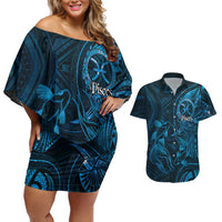 Personalised Polynesia Zodiac Pisces Couples Matching Off Shoulder Short Dress and Hawaiian Shirt Galaxy Polynesian Pattern Chest Tattoo Style LT14 Blue - Polynesian Pride