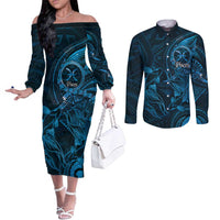 Personalised Polynesia Zodiac Pisces Couples Matching Off The Shoulder Long Sleeve Dress and Long Sleeve Button Shirt Galaxy Polynesian Pattern Chest Tattoo Style