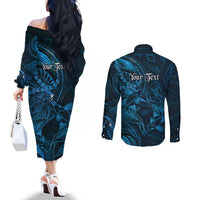 Personalised Polynesia Zodiac Pisces Couples Matching Off The Shoulder Long Sleeve Dress and Long Sleeve Button Shirt Galaxy Polynesian Pattern Chest Tattoo Style