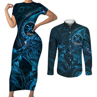 Personalised Polynesia Zodiac Pisces Couples Matching Short Sleeve Bodycon Dress and Long Sleeve Button Shirt Galaxy Polynesian Pattern Chest Tattoo Style LT14 Blue - Polynesian Pride