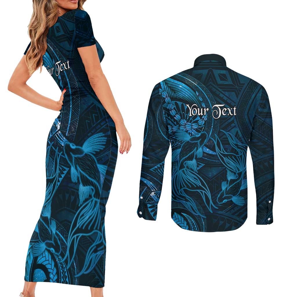 Personalised Polynesia Zodiac Pisces Couples Matching Short Sleeve Bodycon Dress and Long Sleeve Button Shirt Galaxy Polynesian Pattern Chest Tattoo Style LT14 - Polynesian Pride