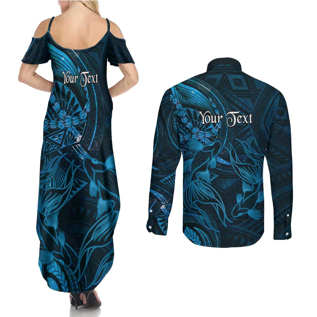 Personalised Polynesia Zodiac Pisces Couples Matching Summer Maxi Dress and Long Sleeve Button Shirt Galaxy Polynesian Pattern Chest Tattoo Style