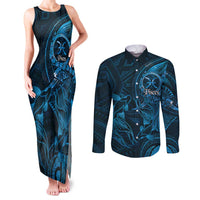Personalised Polynesia Zodiac Pisces Couples Matching Tank Maxi Dress and Long Sleeve Button Shirt Galaxy Polynesian Pattern Chest Tattoo Style LT14 Blue - Polynesian Pride