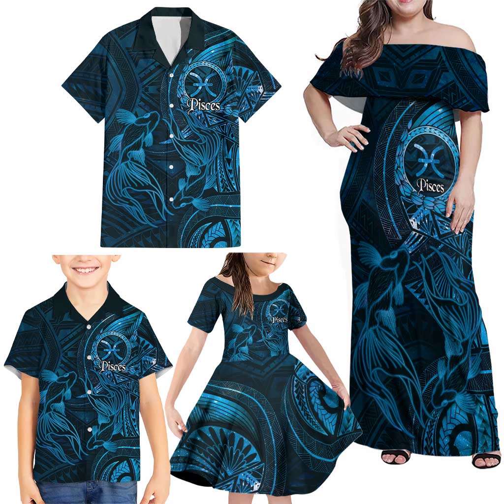 Personalised Polynesia Zodiac Pisces Family Matching Off Shoulder Maxi Dress and Hawaiian Shirt Galaxy Polynesian Pattern Chest Tattoo Style LT14 - Polynesian Pride