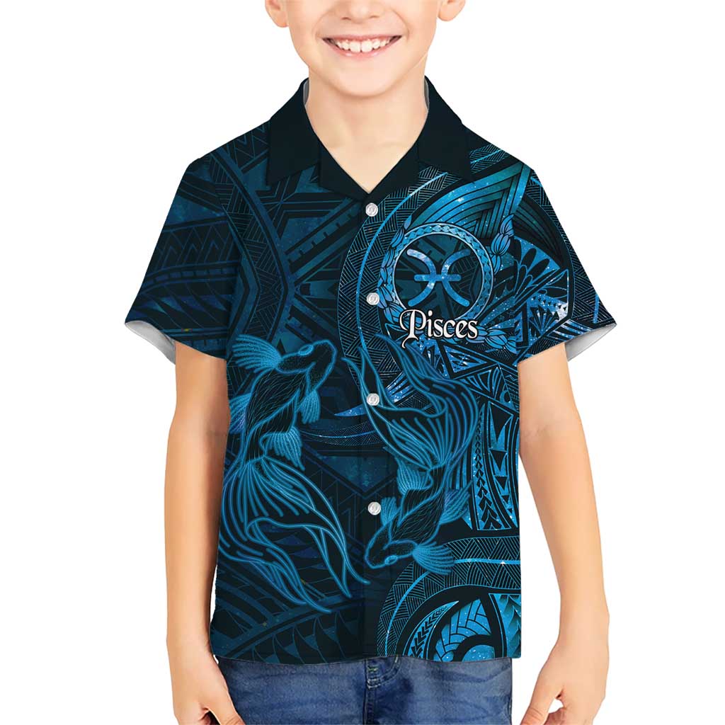 Personalised Polynesia Zodiac Pisces Family Matching Off Shoulder Maxi Dress and Hawaiian Shirt Galaxy Polynesian Pattern Chest Tattoo Style LT14 Son's Shirt Blue - Polynesian Pride