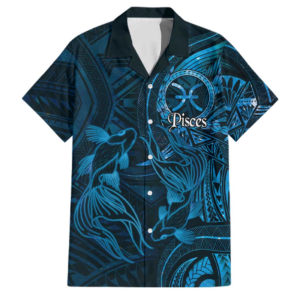 Personalised Polynesia Zodiac Pisces Family Matching Summer Maxi Dress and Hawaiian Shirt Galaxy Polynesian Pattern Chest Tattoo Style LT14 Dad's Shirt - Short Sleeve Blue - Polynesian Pride