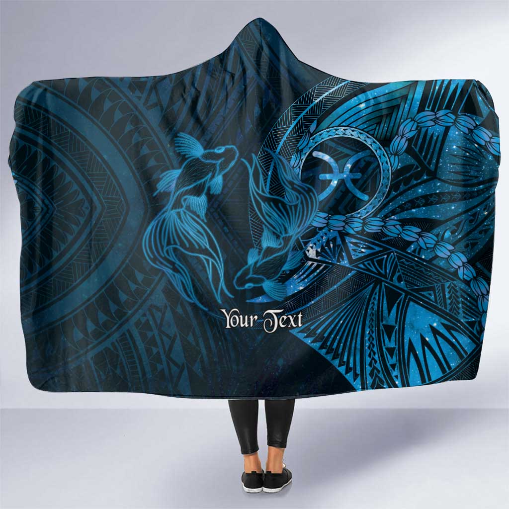 Personalised Polynesia Zodiac Pisces Hooded Blanket Galaxy Polynesian Pattern Chest Tattoo Style LT14 One Size Blue - Polynesian Pride