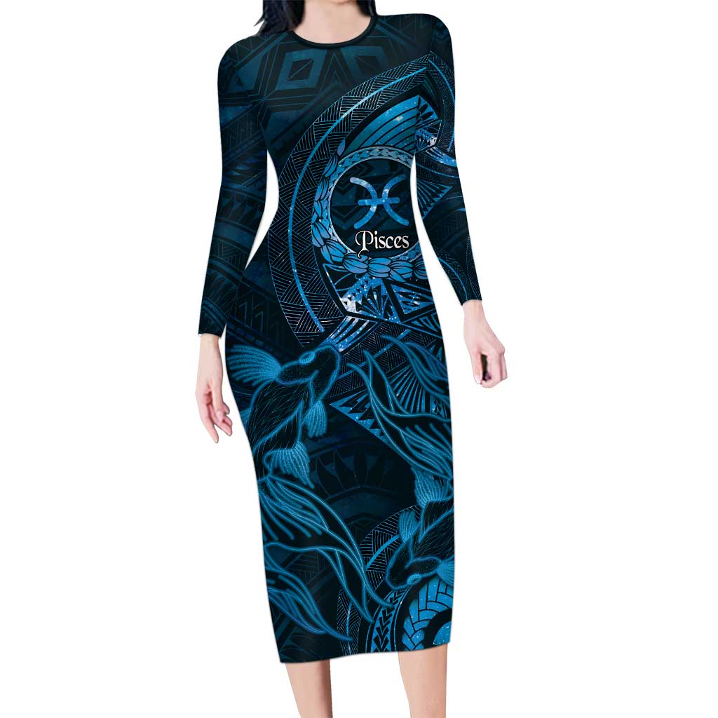 Personalised Polynesia Zodiac Pisces Long Sleeve Bodycon Dress Galaxy Polynesian Pattern Chest Tattoo Style LT14 Long Dress Blue - Polynesian Pride