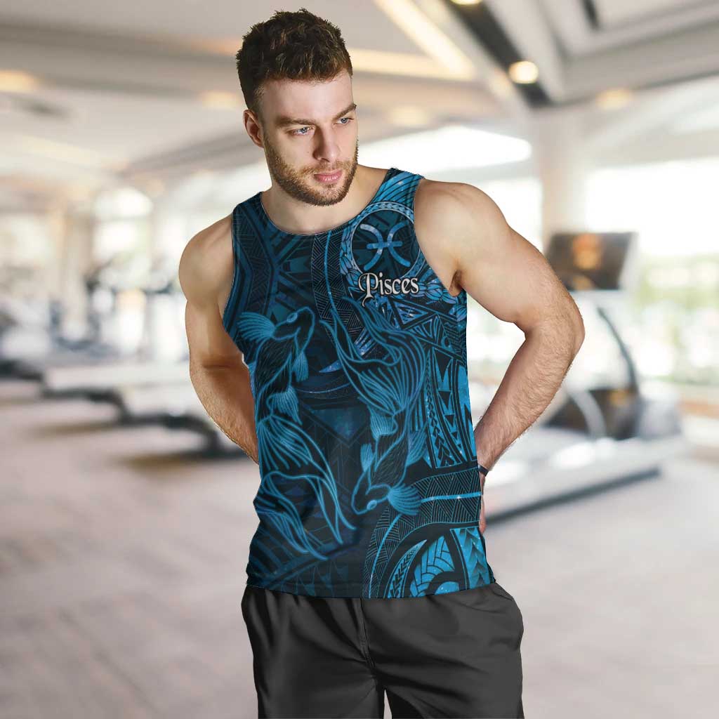 Personalised Polynesia Zodiac Pisces Men Tank Top Galaxy Polynesian Pattern Chest Tattoo Style LT14 Blue - Polynesian Pride