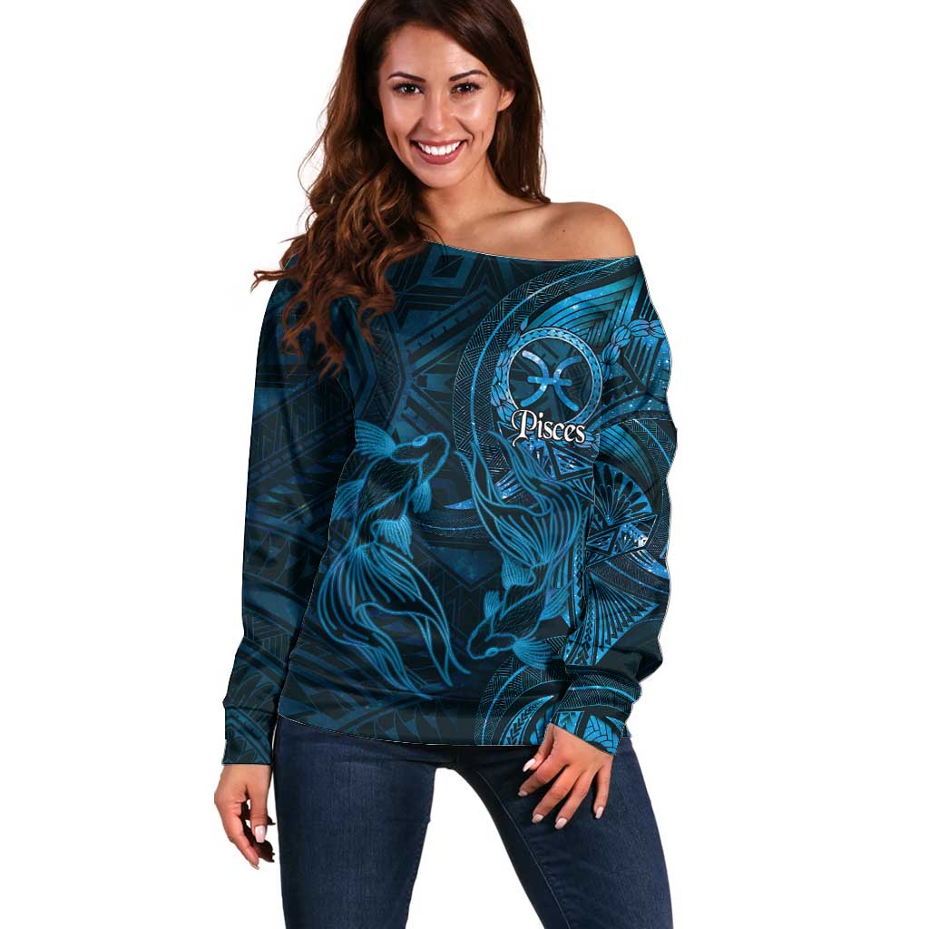 Personalised Polynesia Zodiac Pisces Off Shoulder Sweater Galaxy Polynesian Pattern Chest Tattoo Style LT14 Women Blue - Polynesian Pride