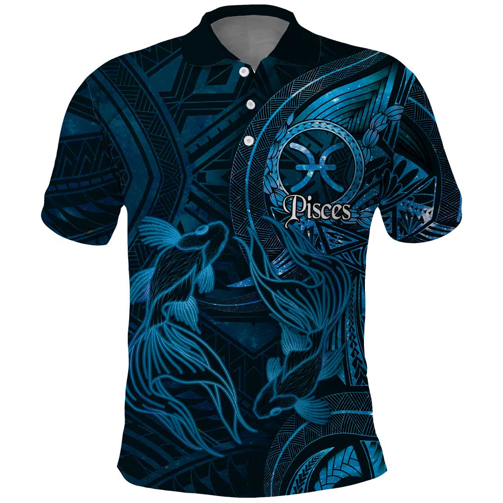 Personalised Polynesia Zodiac Pisces Polo Shirt Galaxy Polynesian Pattern Chest Tattoo Style LT14 Blue - Polynesian Pride