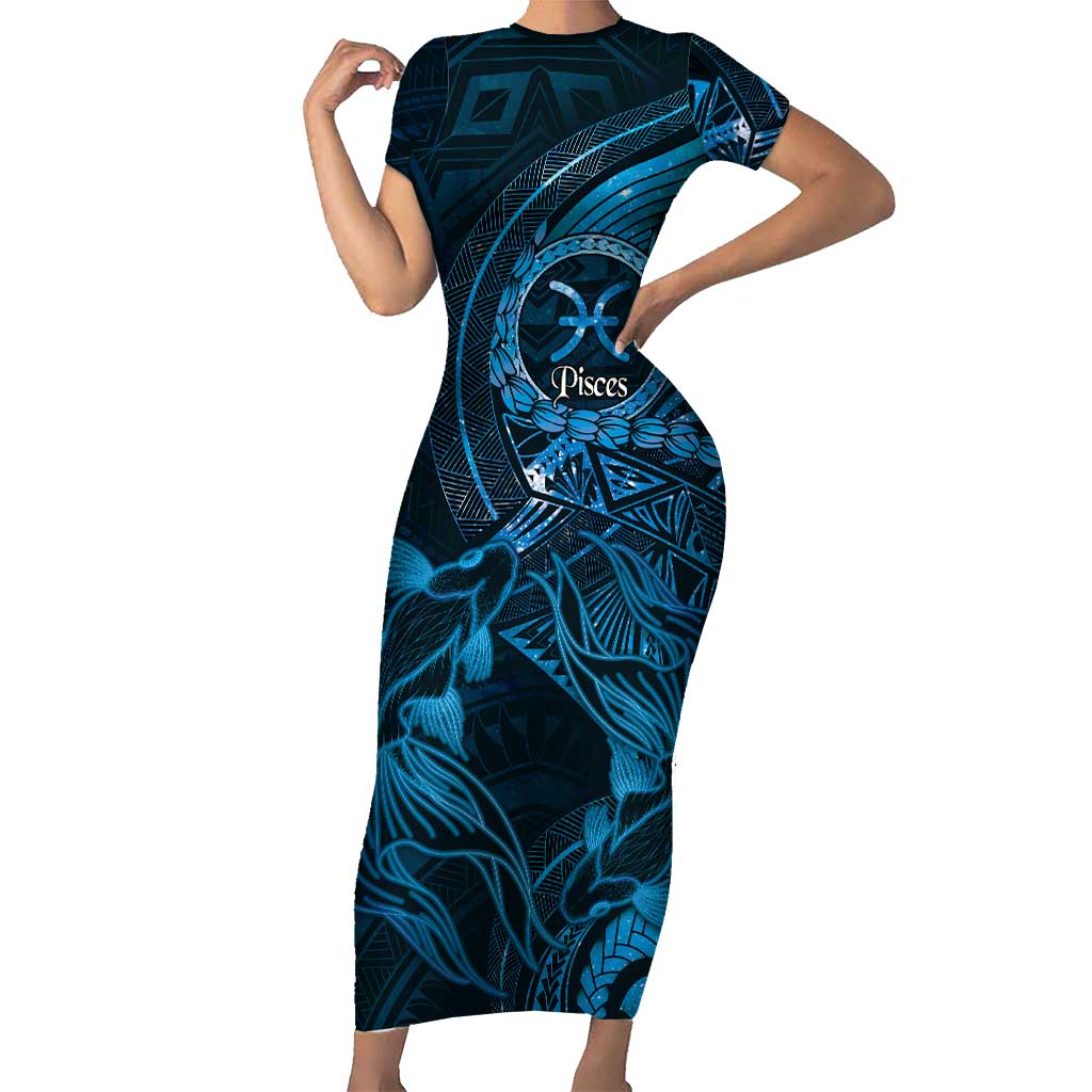 Personalised Polynesia Zodiac Pisces Short Sleeve Bodycon Dress Galaxy Polynesian Pattern Chest Tattoo Style LT14 Long Dress Blue - Polynesian Pride