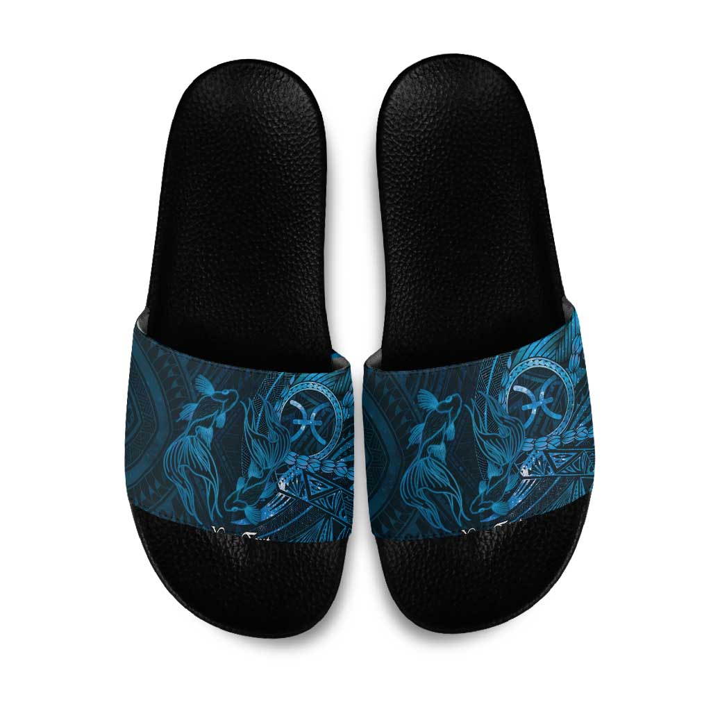 Personalised Polynesia Zodiac Pisces Slide Sandals Galaxy Polynesian Pattern Chest Tattoo Style LT14 Blue - Polynesian Pride