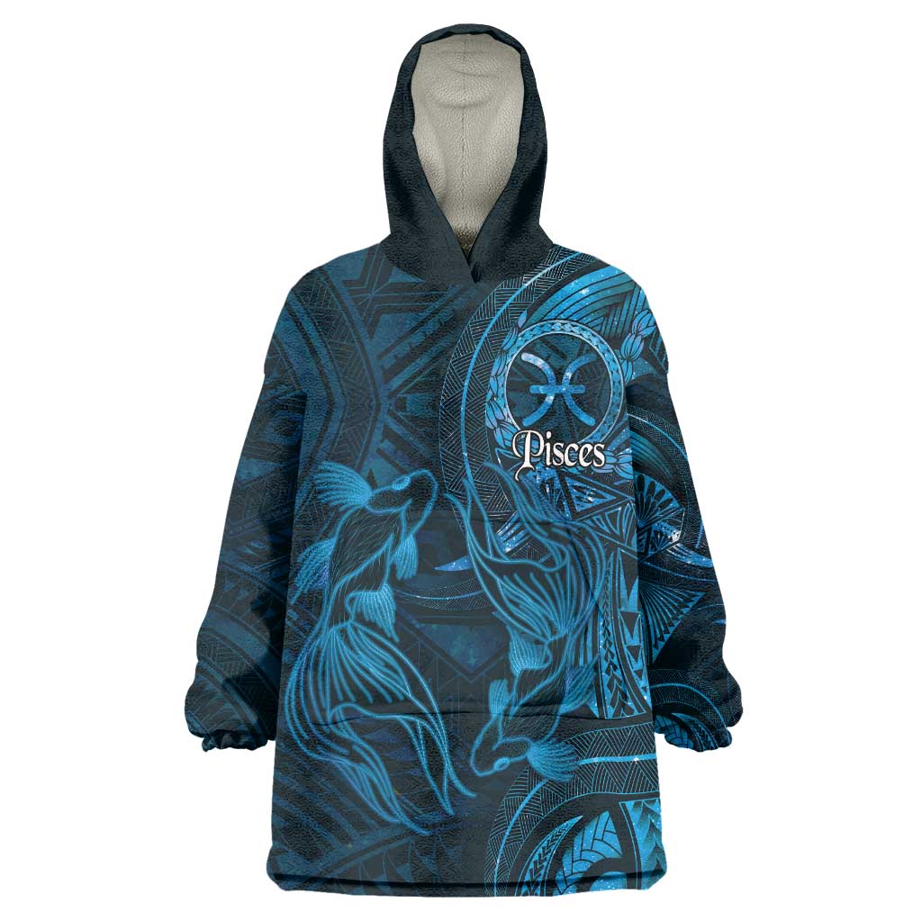 Personalised Polynesia Zodiac Pisces Wearable Blanket Hoodie Galaxy Polynesian Pattern Chest Tattoo Style LT14 One Size Blue - Polynesian Pride