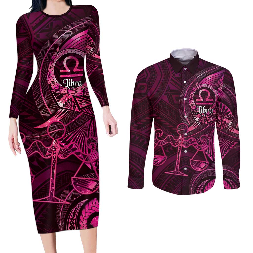 Personalised Polynesia Zodiac Libra Couples Matching Long Sleeve Bodycon Dress and Long Sleeve Button Shirt Galaxy Polynesian Pattern Chest Tattoo Style LT14 Pink - Polynesian Pride