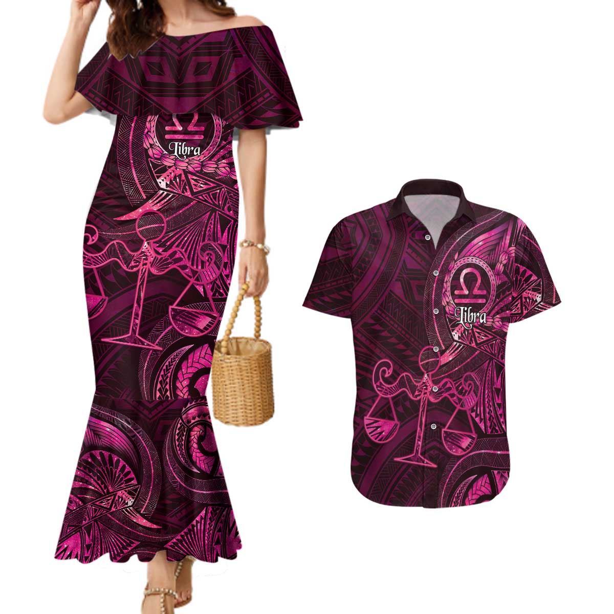 Personalised Polynesia Zodiac Libra Couples Matching Mermaid Dress and Hawaiian Shirt Galaxy Polynesian Pattern Chest Tattoo Style LT14 Pink - Polynesian Pride