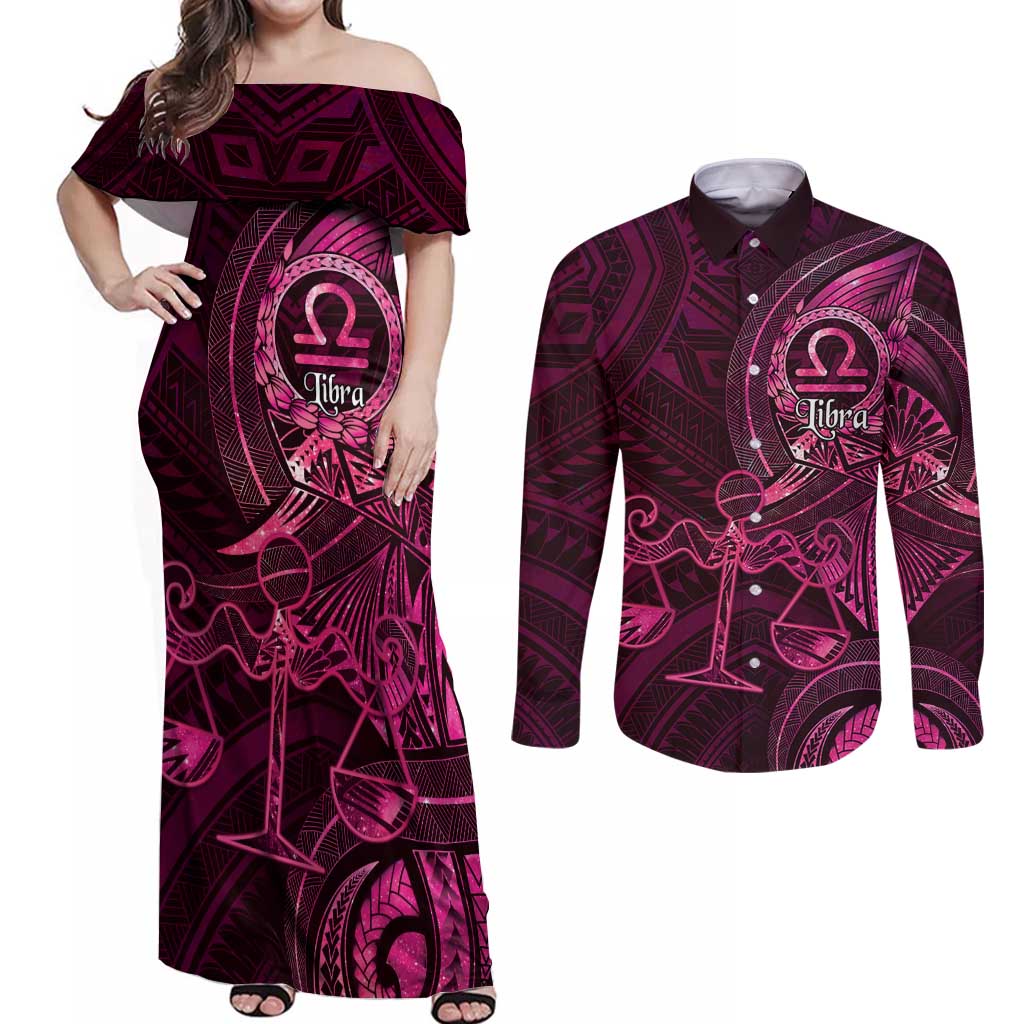 Personalised Polynesia Zodiac Libra Couples Matching Off Shoulder Maxi Dress and Long Sleeve Button Shirt Galaxy Polynesian Pattern Chest Tattoo Style LT14 Pink - Polynesian Pride